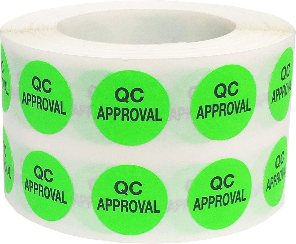 AusPacks Quality Control Approval Stickers, QC Tester Labels on Fluorescent Green Paper, Suitable for Warehouse and Manufacturing, 1/2 Inch Round, 500 Labels Per Roll
