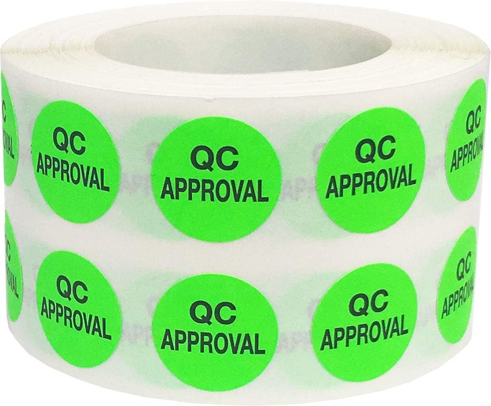 AusPacks  Quality Control Approval Stickers, QC Tester Labels on Fluorescent Green Paper, Suitable for Warehouse and Manufacturing, 1/2 Inch Round, 500 Labels Per Roll