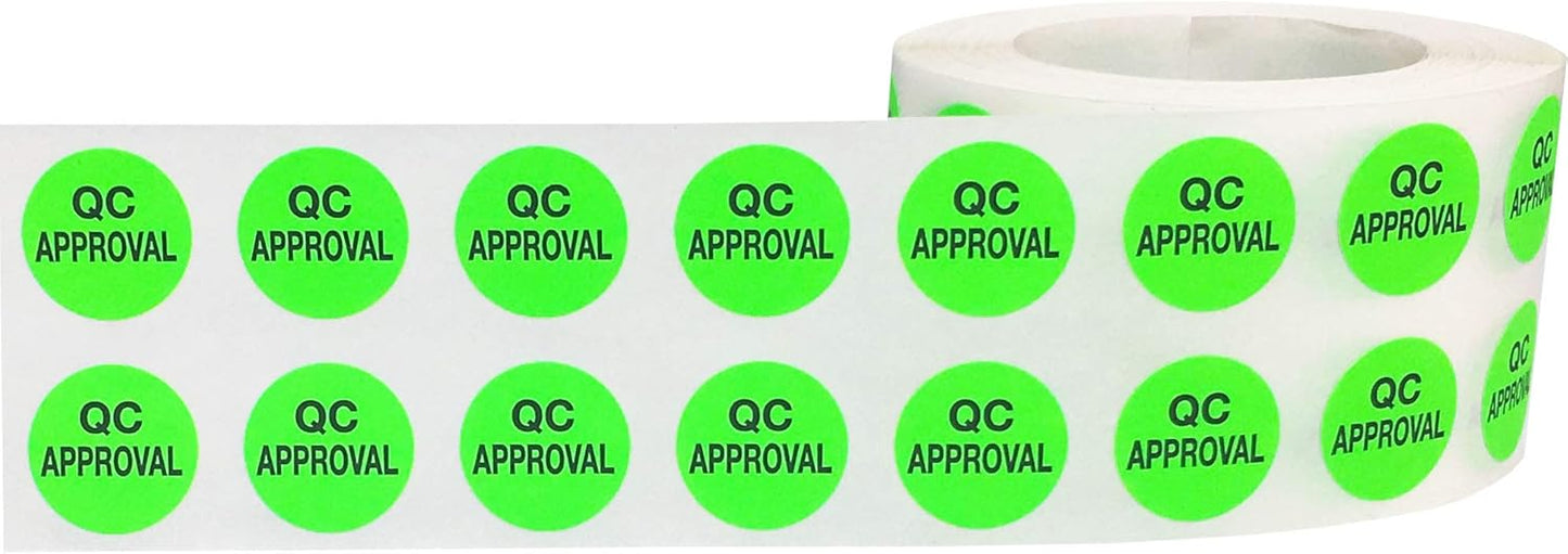 AusPacks  Quality Control Approval Stickers, QC Tester Labels on Fluorescent Green Paper, Suitable for Warehouse and Manufacturing, 1/2 Inch Round, 500 Labels Per Roll